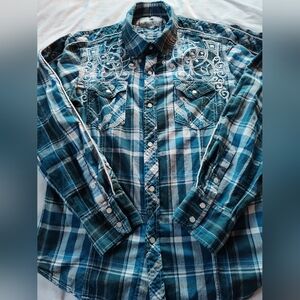 Pop Icon Clothing by Buckle Ladies Snap Up Blouse. Size Large Long Adj. Sleeves.